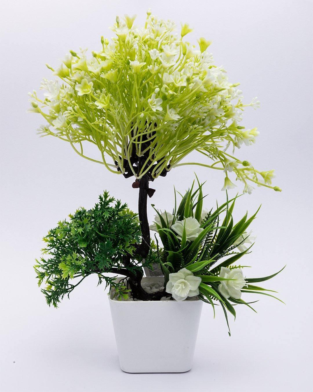 Artificial Flower Plant with White Pot, Green, Plastic Plant - MARKET 99