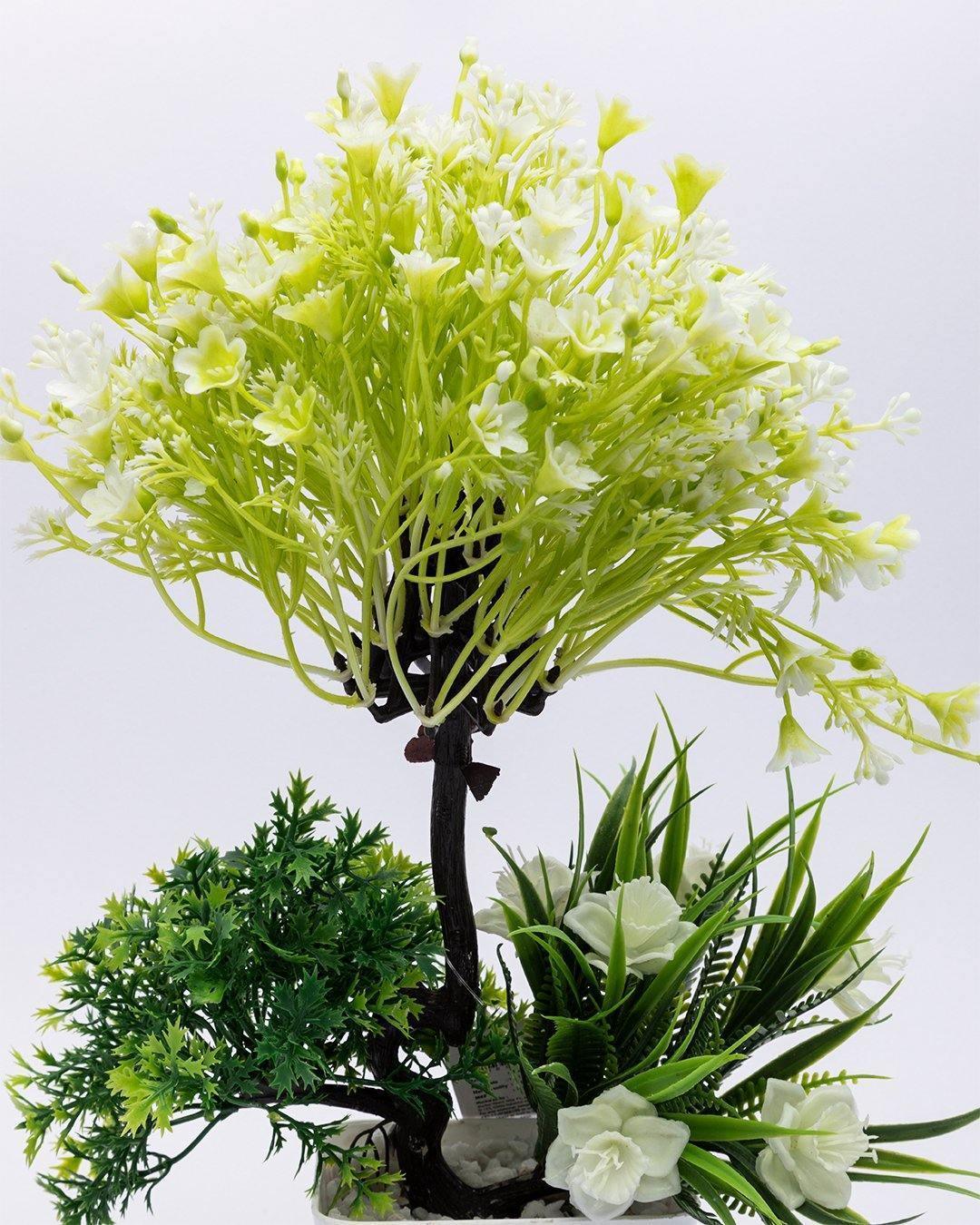 Artificial Flower Plant with White Pot, Green, Plastic Plant - MARKET 99