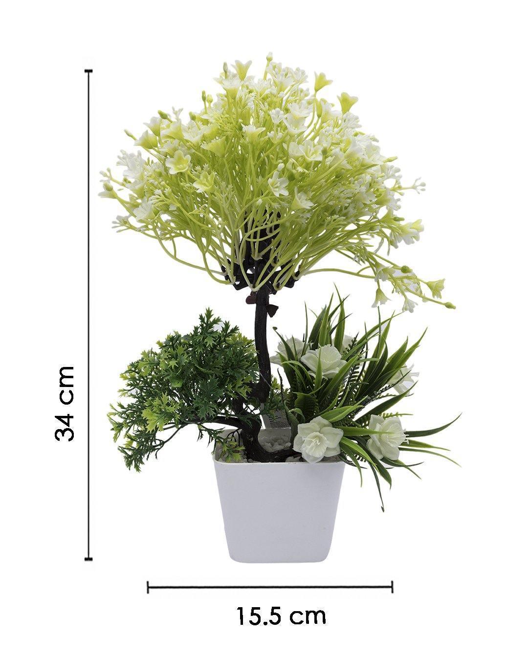 Artificial Flower Plant with White Pot, Green, Plastic Plant - MARKET 99