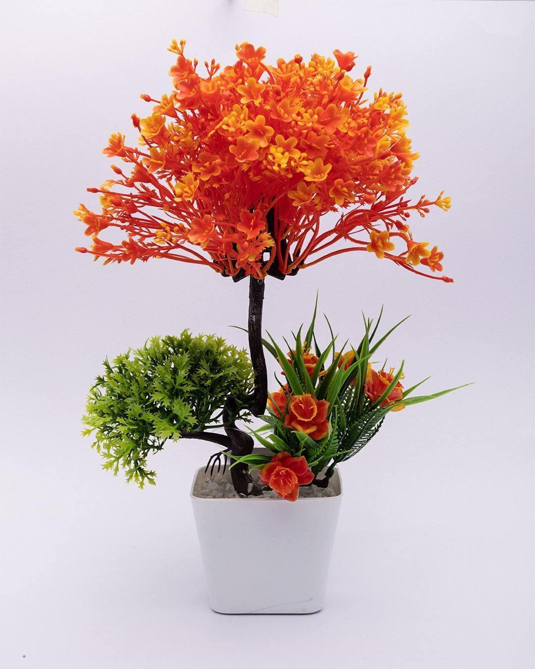 Artificial Flower Plant with White Pot, Orange, Plastic Plant - MARKET 99