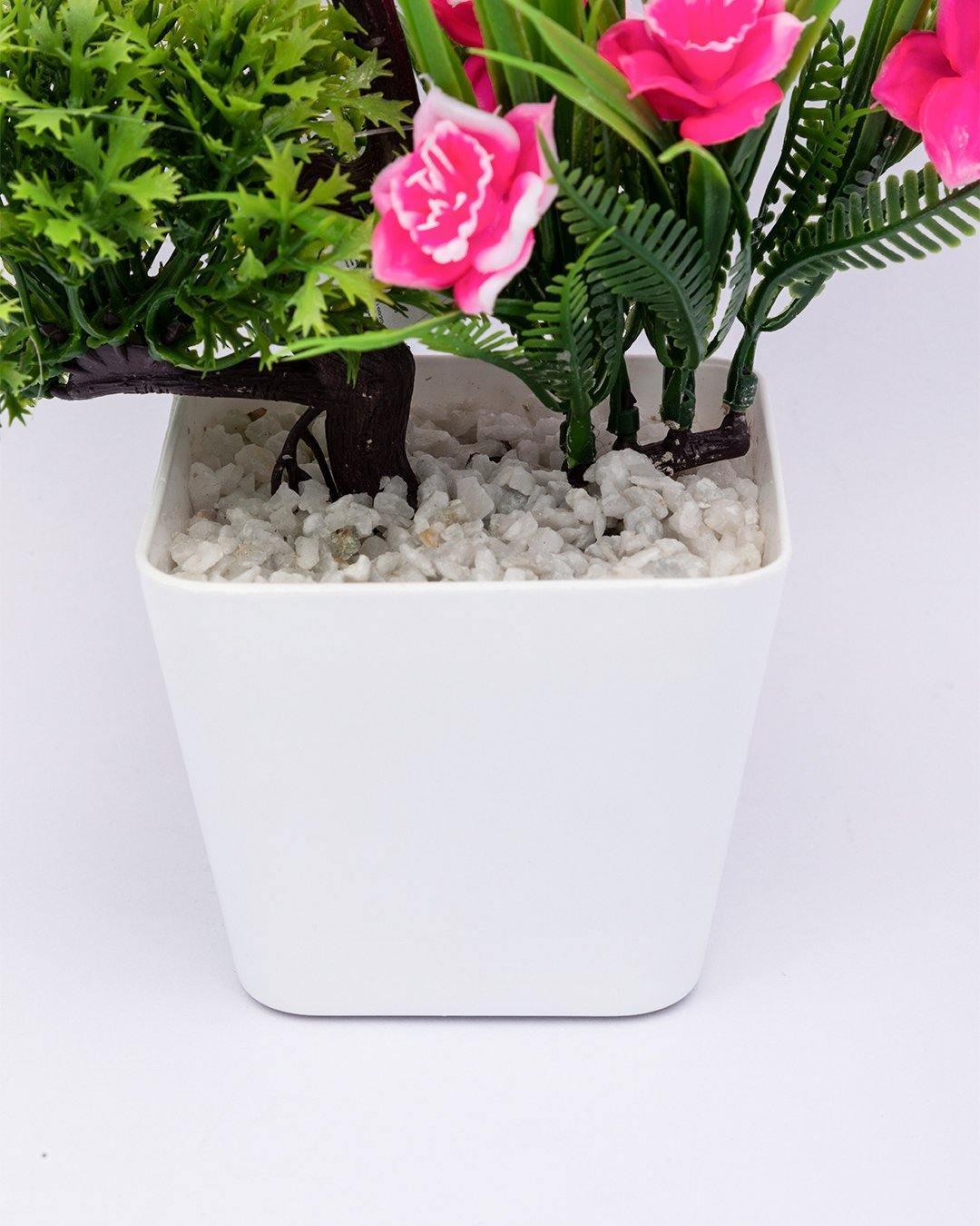Artificial Flower Plant with White Pot, Pink, Plastic Plant - MARKET 99