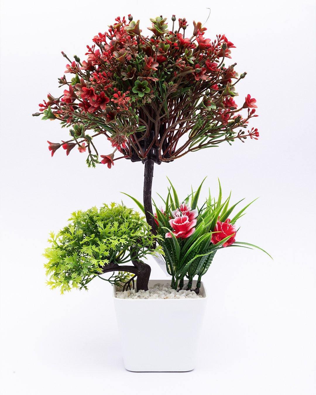 Artificial Flower Plant with White Pot, Red, Plastic Plant - MARKET 99