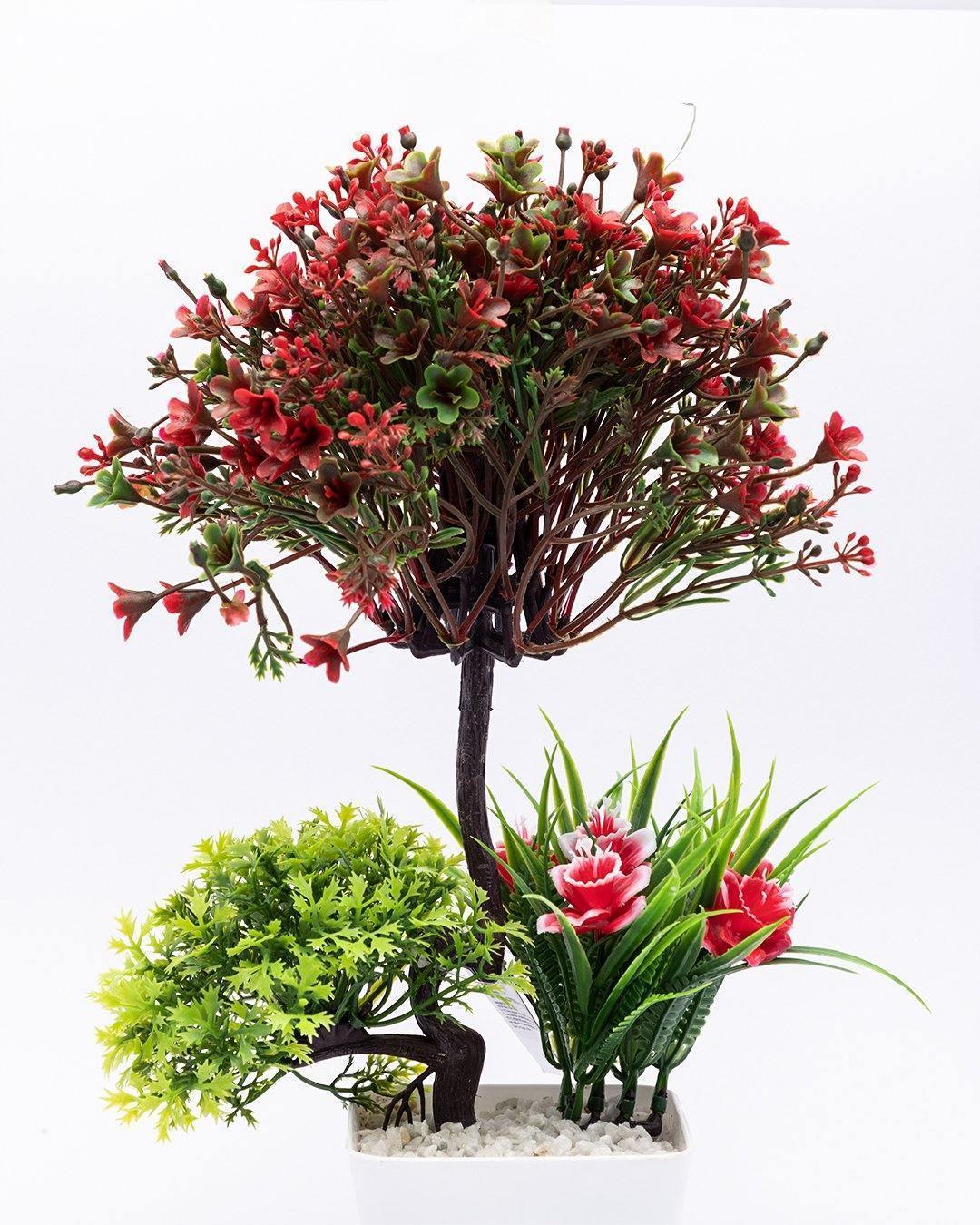 Artificial Flower Plant with White Pot, Red, Plastic Plant - MARKET 99