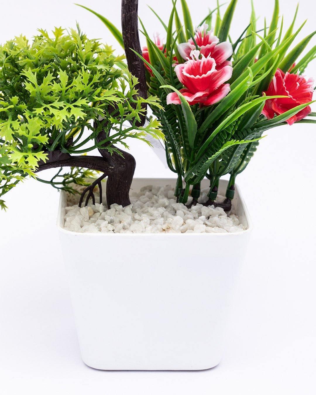 Artificial Flower Plant with White Pot, Red, Plastic Plant - MARKET 99