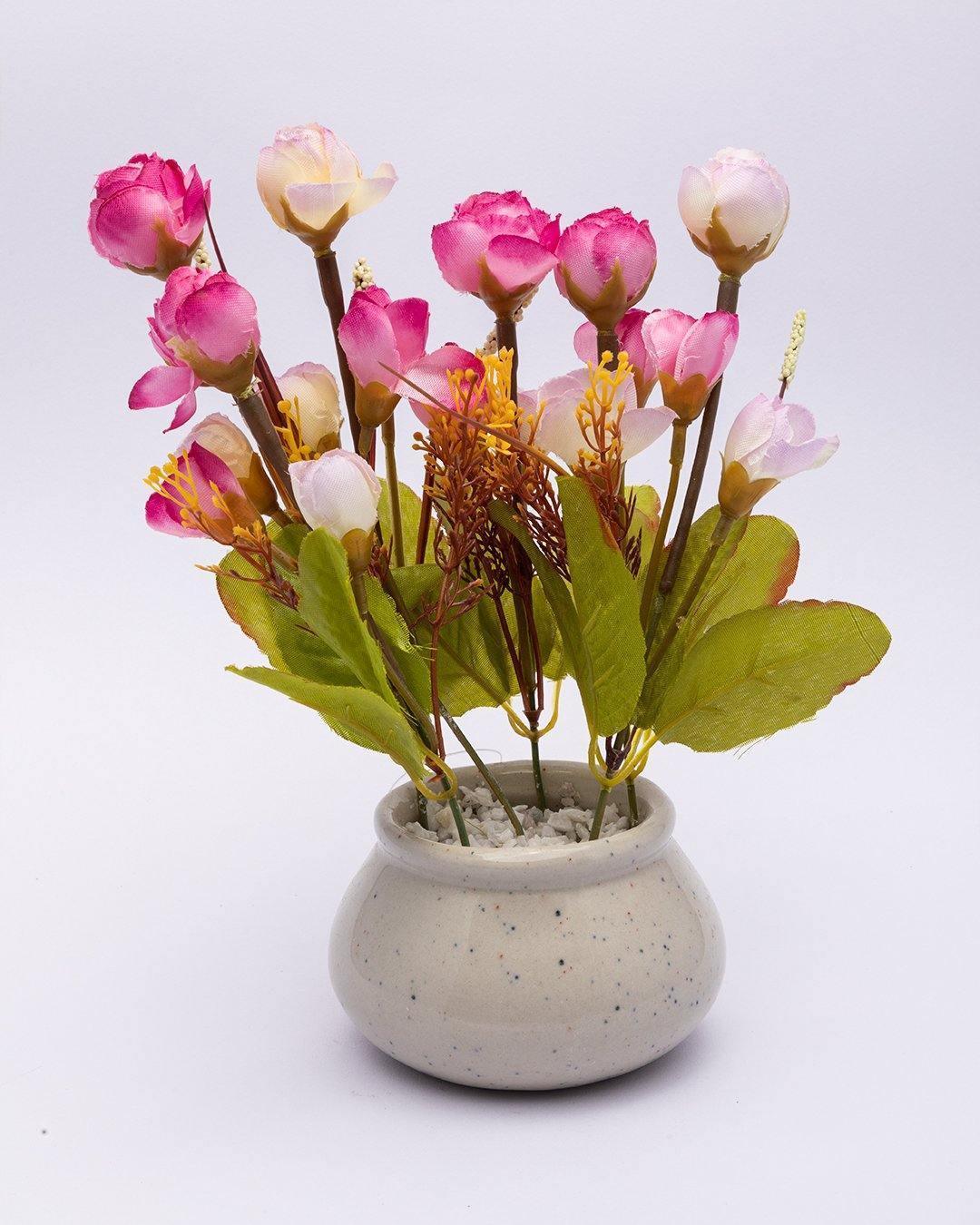 Artificial Flower Plant with White Pot, Rose Bud Flowers, Pink, Plastic Plant - MARKET 99