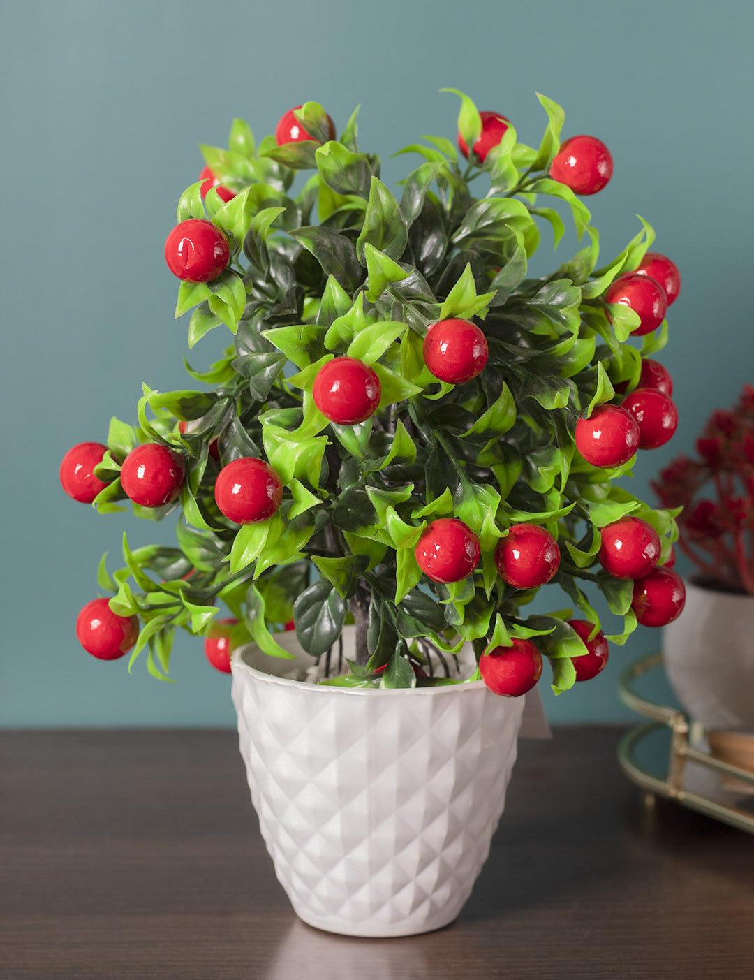 Artificial Fruit Plant with White Pot, Red, Plastic Plant - MARKET 99