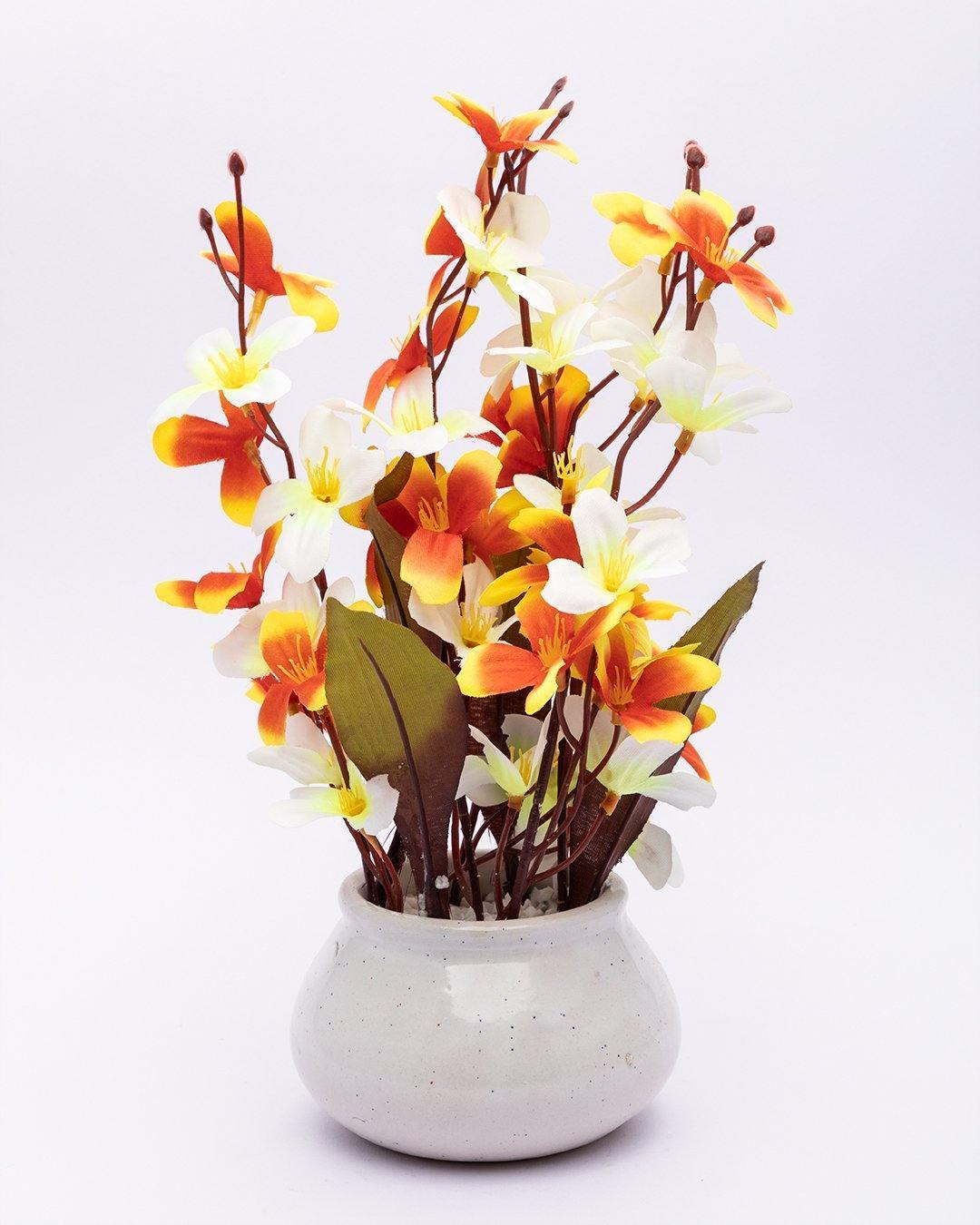 Artificial Plant, Orchid Flower, with Handi Shaped Ceramic Pot, Orange, Plastic Plant - MARKET 99