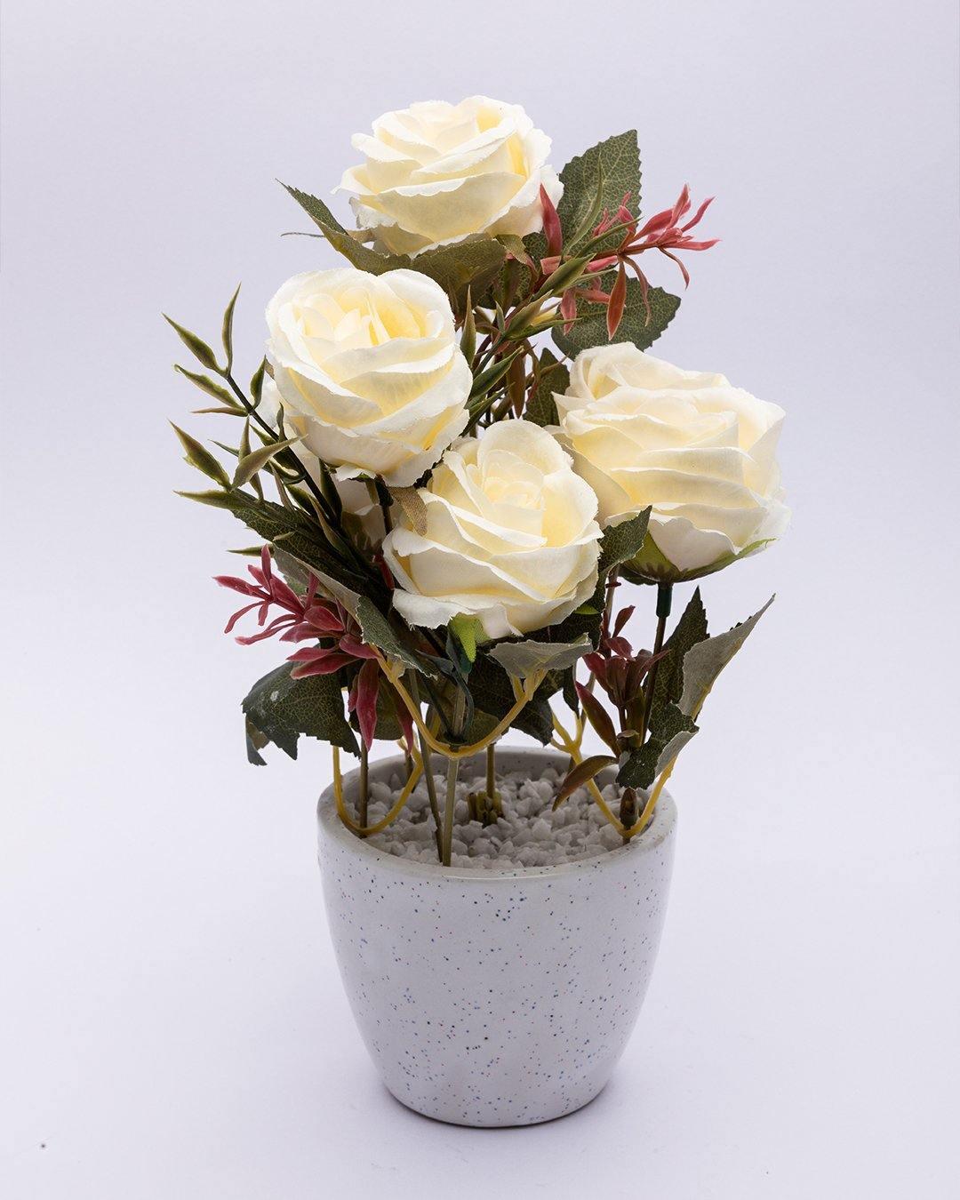 Artificial Plant with Ceramic Pot, Rose Arrangement, White, Plastic Plant - MARKET 99