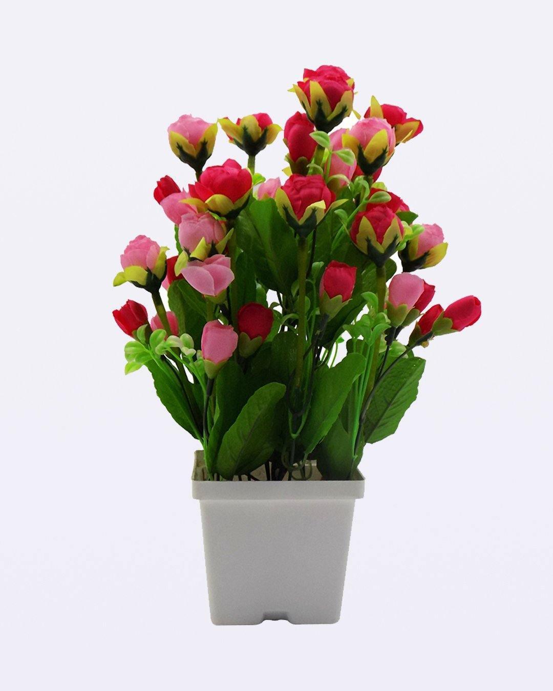 Artificial Plant with White Pot, Rose Flower Arrangement, Pink, Plastic Plant - MARKET 99