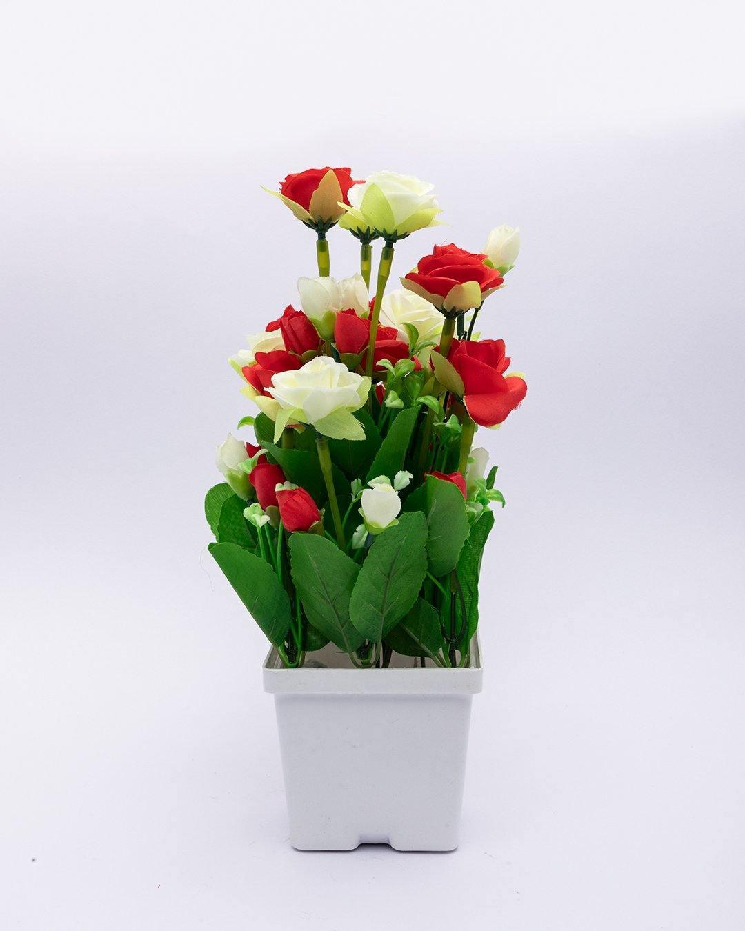 Artificial Plant with White Pot, Rose Flower Arrangement, Red, Plastic Plant - MARKET 99