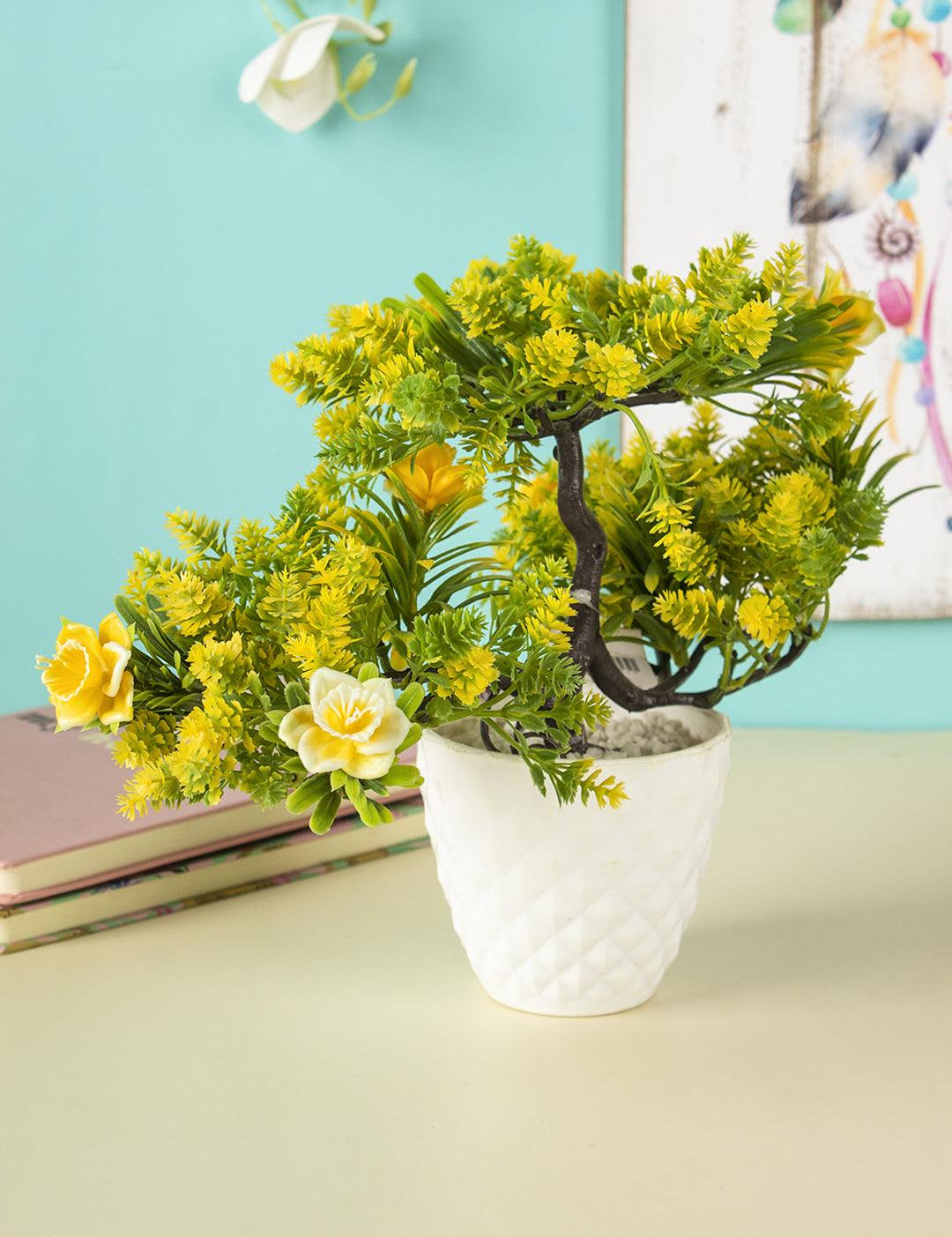 Artificial Rose Plant with White Pot, Yellow, Plastic Plant - MARKET 99