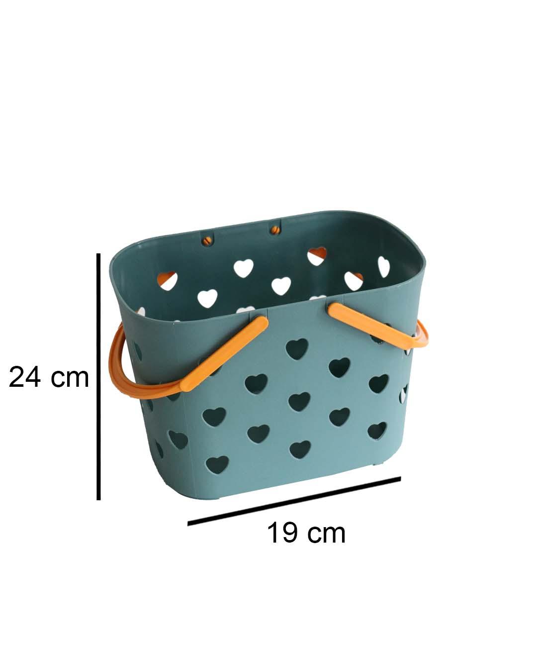 Basket with Handles, Heart Shaped Cut Design, Deep Sea Green, Plastic - MARKET 99