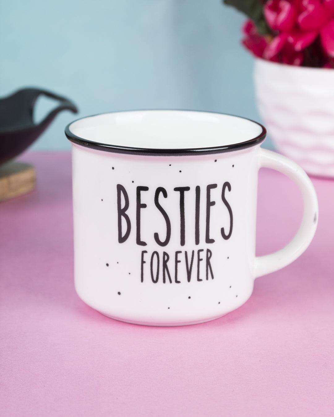 'BESTIE FOREVER' Graphic Print Drinkware Glossy Ceramic Coffee Mug ( White & Black, 400 mL) - MARKET 99