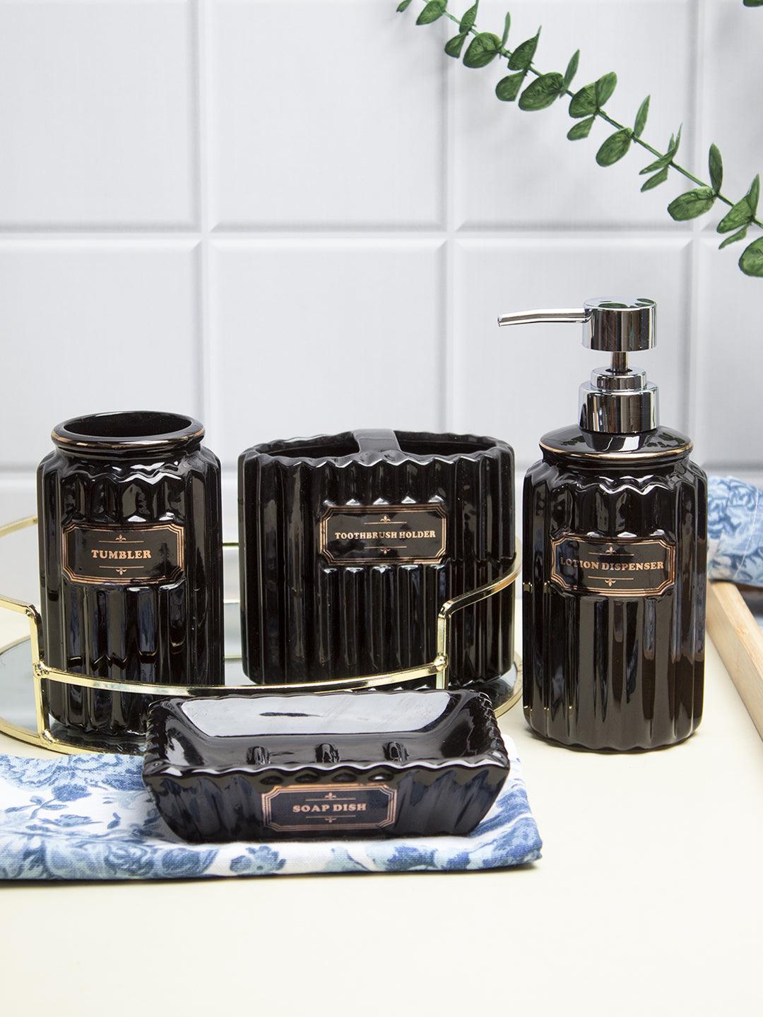 Black Ceramic Bathroom Set Of 4 - Ribbed Design, Bath Accessories - MARKET 99