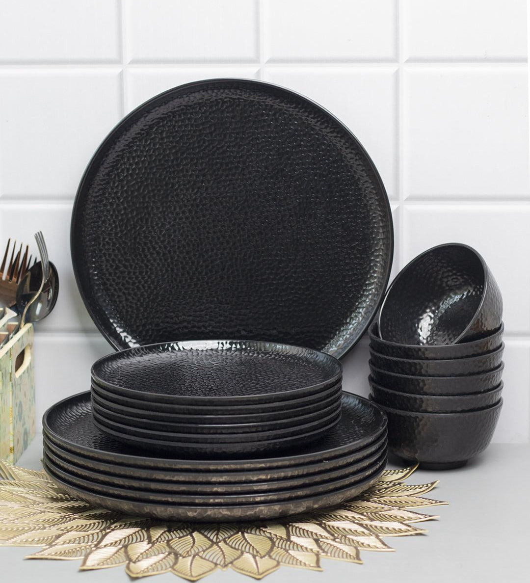 Black Melamine Dinner Set Of 18 Pcs - 6 Full & 6 Quarter Plates + 6 Bowls - MARKET 99