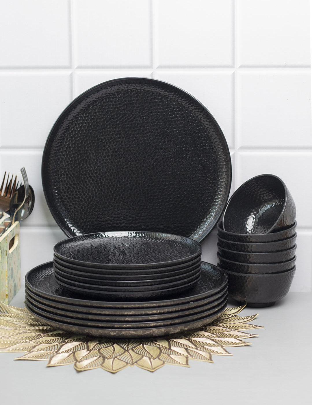 Black Melamine Dinner Set Of 18 Pcs - 6 Full & 6 Quarter Plates + 6 Bowls - MARKET 99