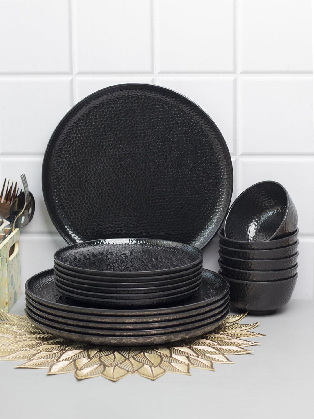 Black Melamine Dinner Set Of 18 Pcs - 6 Full & 6 Quarter Plates + 6 Bowls - MARKET 99