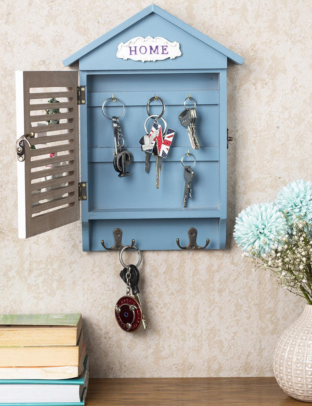 Blue & White Wood House Shaped Key Box Organiser - MARKET 99