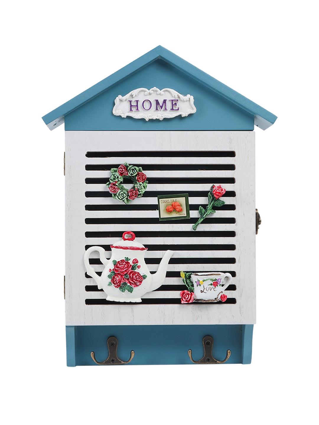 Blue & White Wood House Shaped Key Box Organiser - MARKET 99