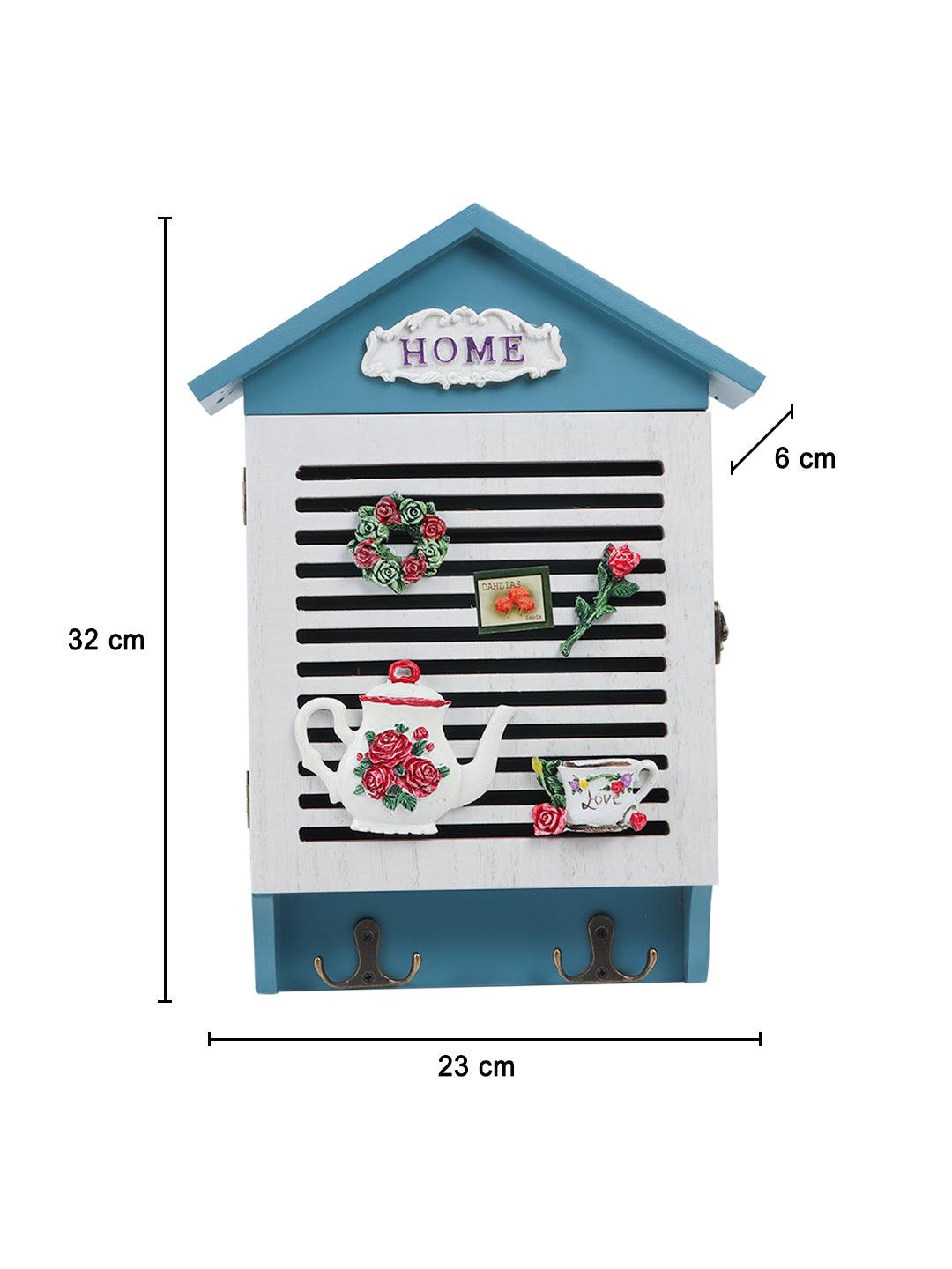 Blue & White Wood House Shaped Key Box Organiser - MARKET 99