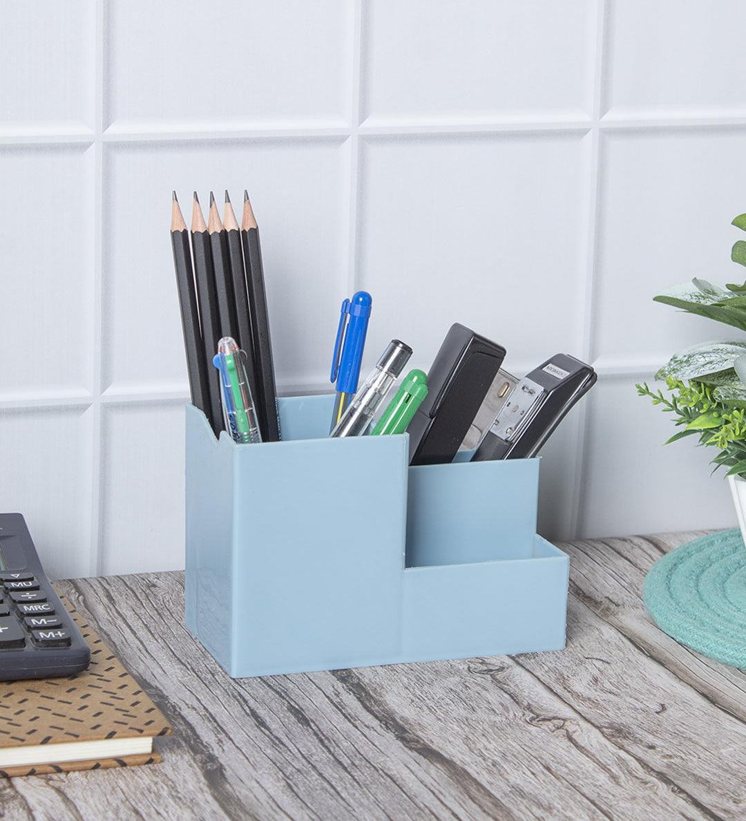 Blue Cyan Desk Organizer Pen Stand 3 Compartment