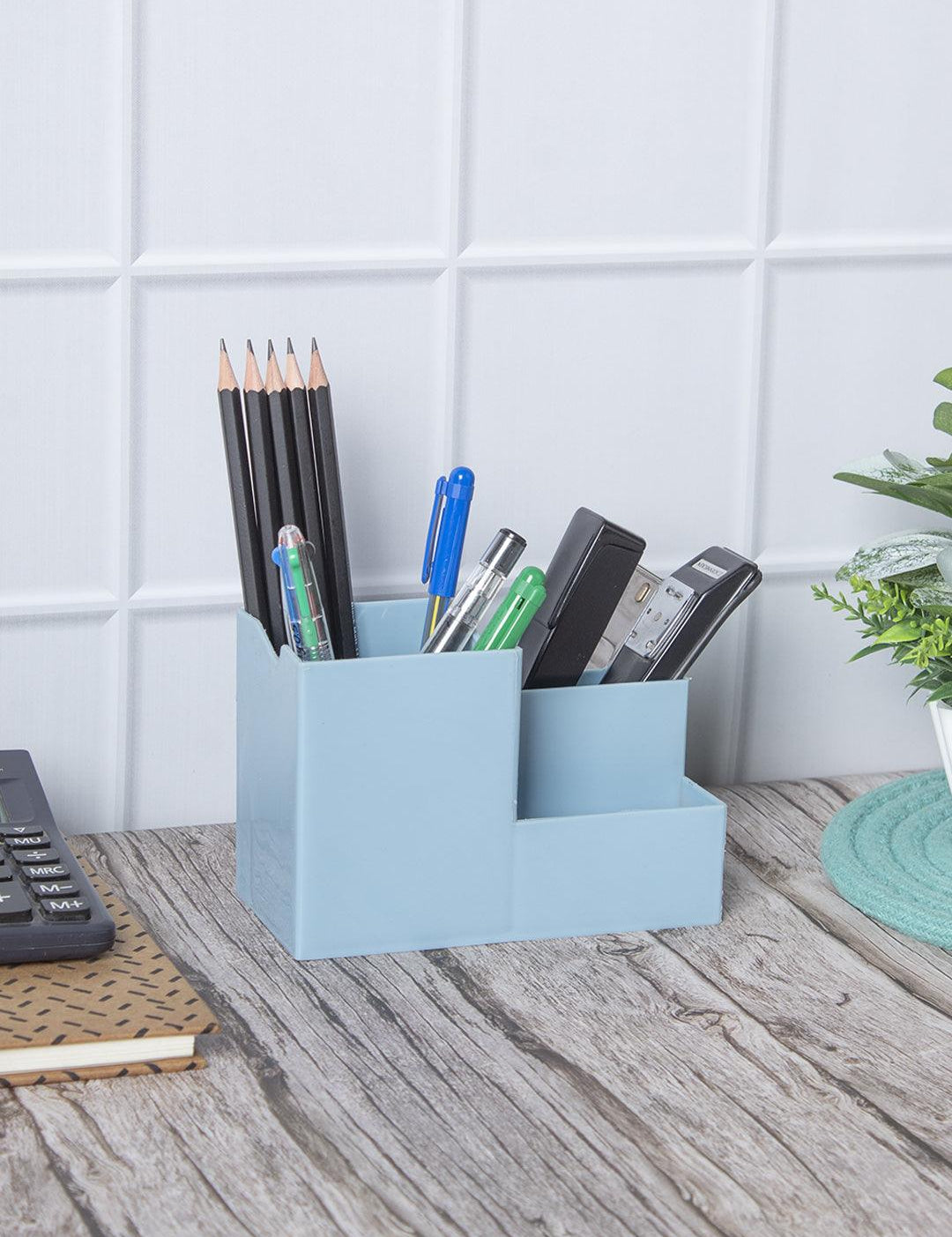 Blue Cyan Desk Organizer Pen Stand 3 Compartment