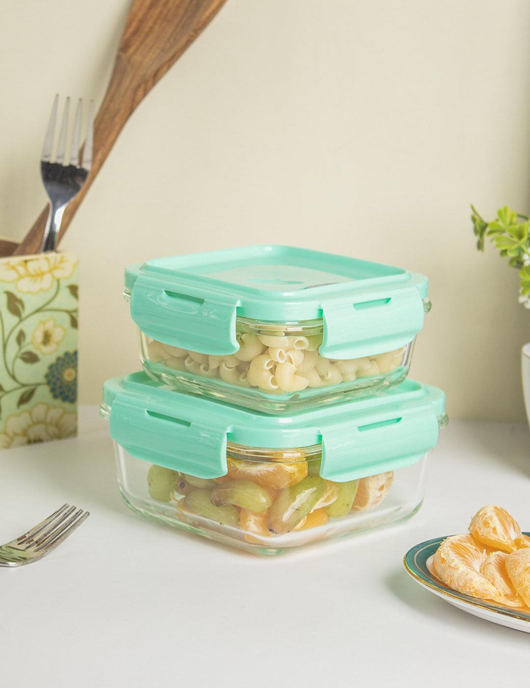 Borosilicate Food Containers (Pack of 2 - 340ml & 570ml) Green Lid - MARKET 99