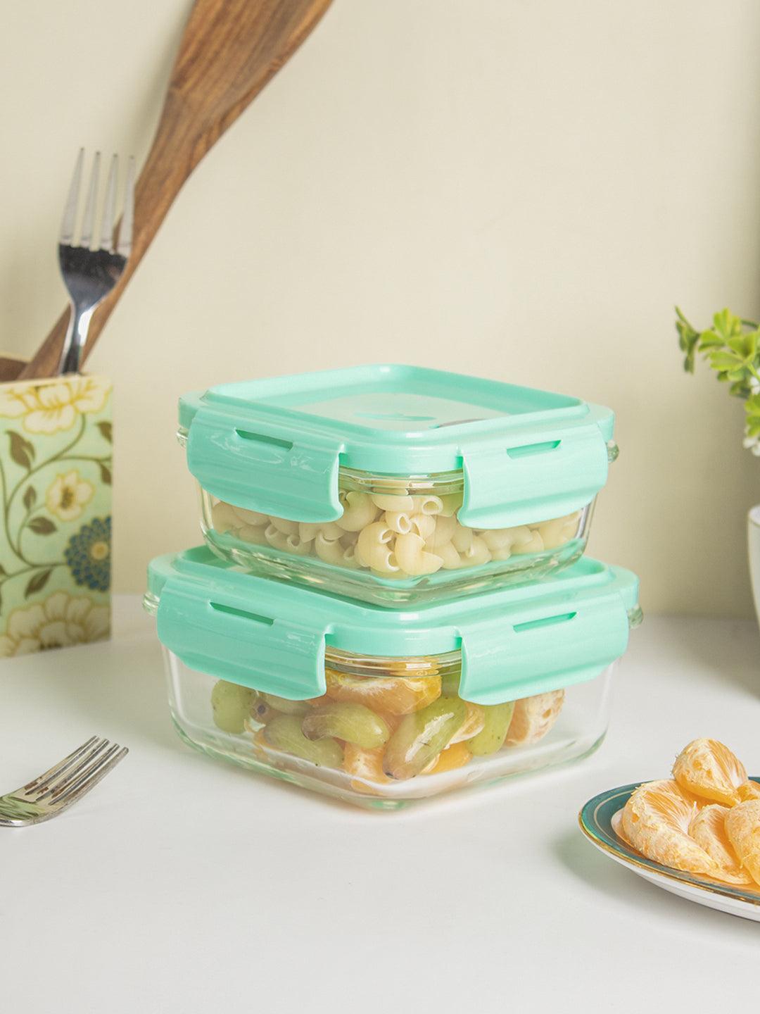 Borosilicate Food Containers (Pack of 2 - 340ml & 570ml) Green Lid - MARKET 99
