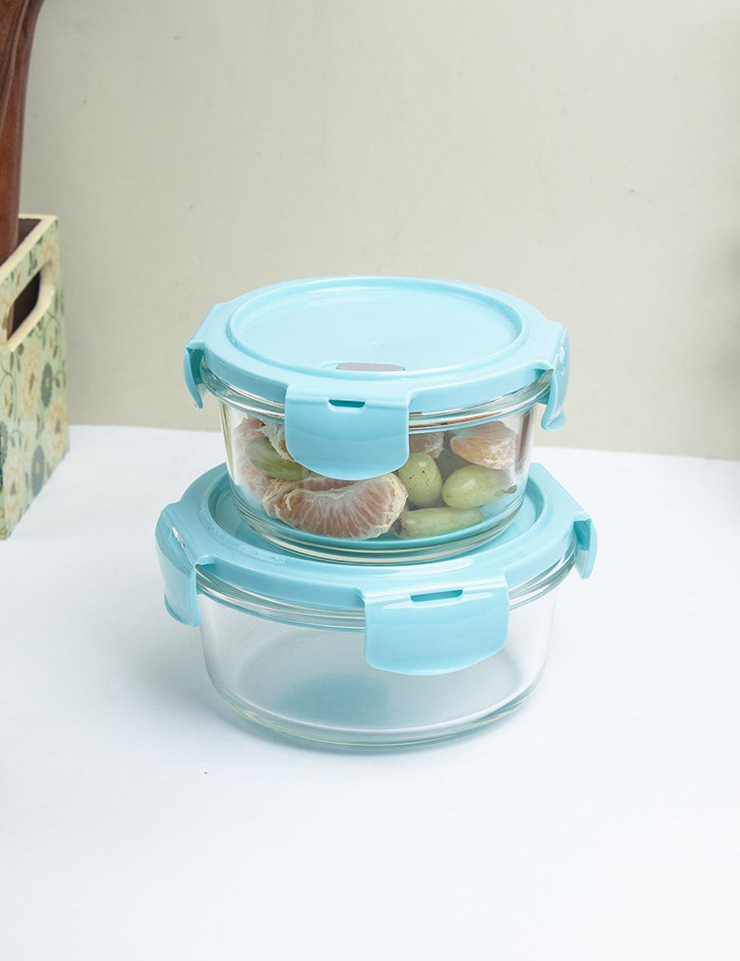 Borosilicate Food Containers (Pack of 2 - 410ml & 570ml) Blue Lid - MARKET 99