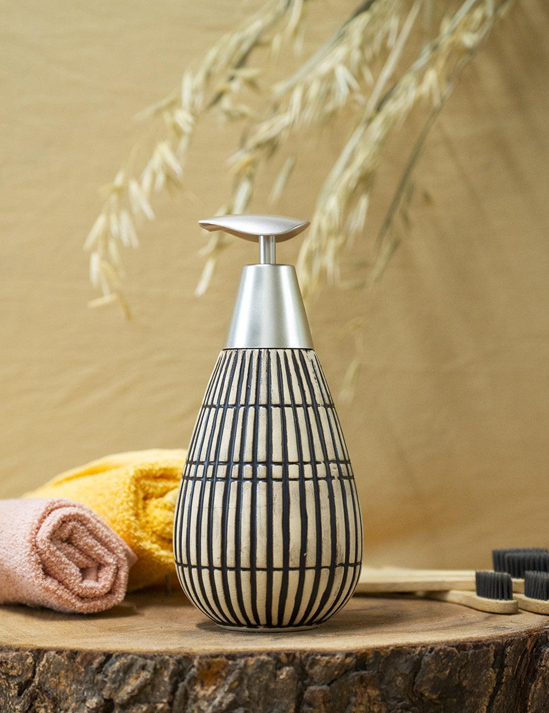 Brown Ceramic Pear Shape Soap Dispenser - Ribbed Pattern, Bath Accessories - MARKET 99