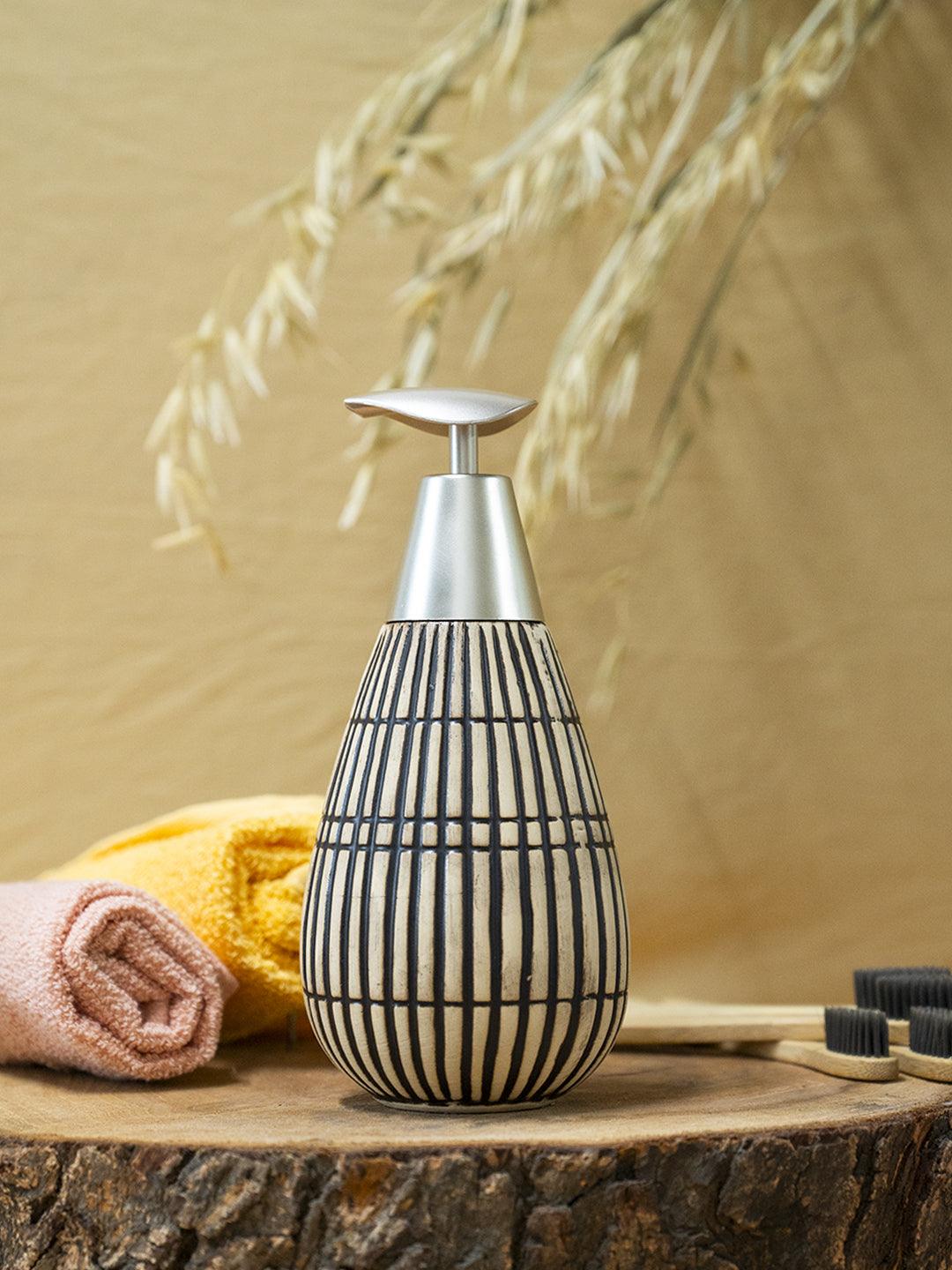 Brown Ceramic Pear Shape Soap Dispenser - Ribbed Pattern, Bath Accessories - MARKET 99