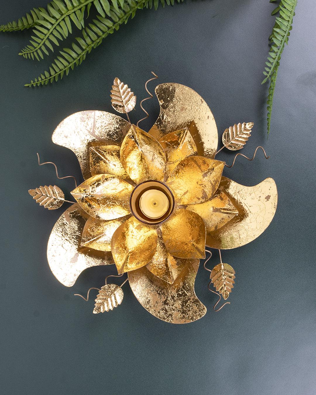 Candleholder, Lotus Leaf Design, with Gold Foiling & Glass Votive, Gold Colour, Iron - MARKET 99