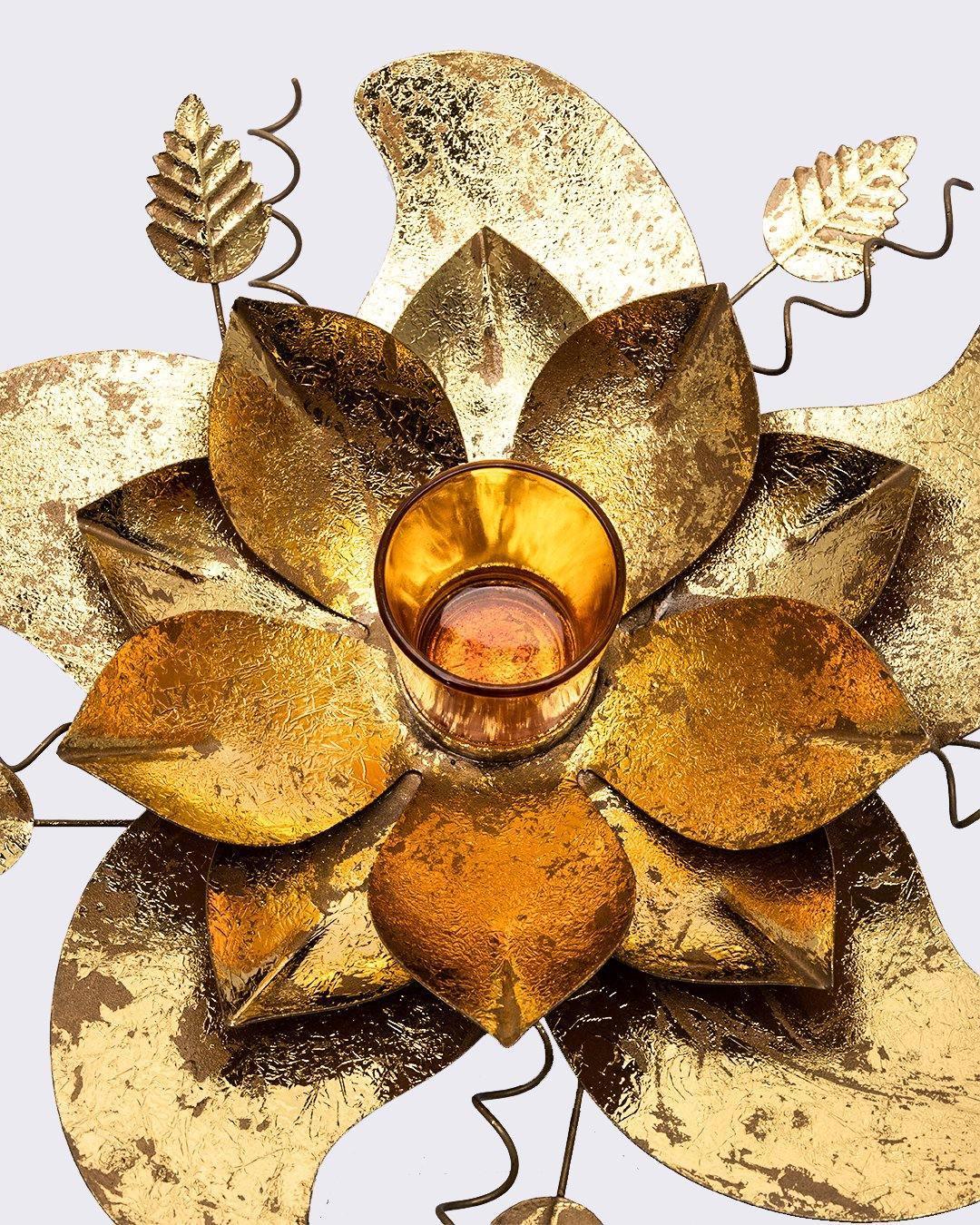 Candleholder, Lotus Leaf Design, with Gold Foiling & Glass Votive, Gold Colour, Iron - MARKET 99