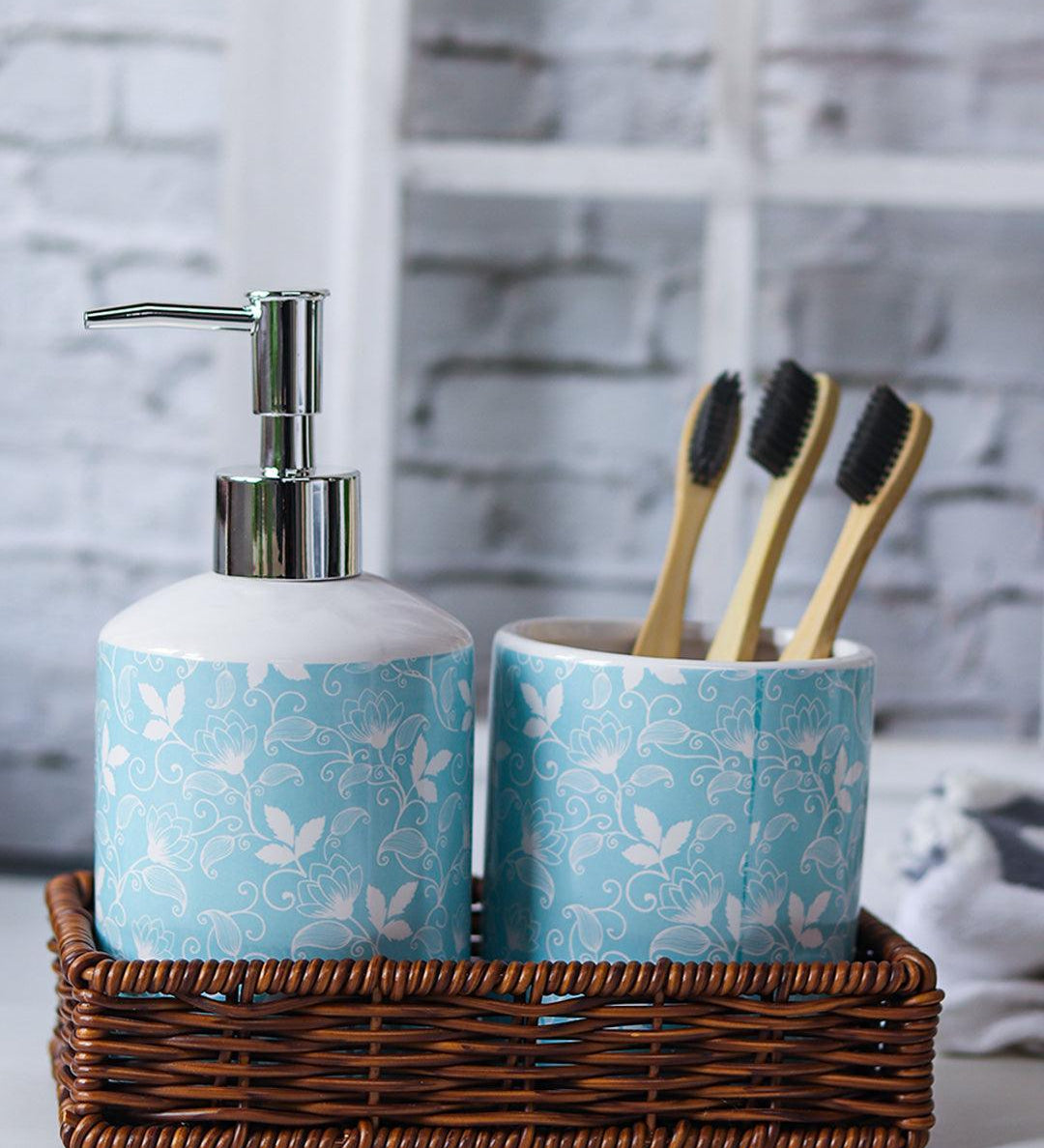 Ceramic Bathroom Set Of 3 - Floral Finish, Cyan Color - MARKET 99