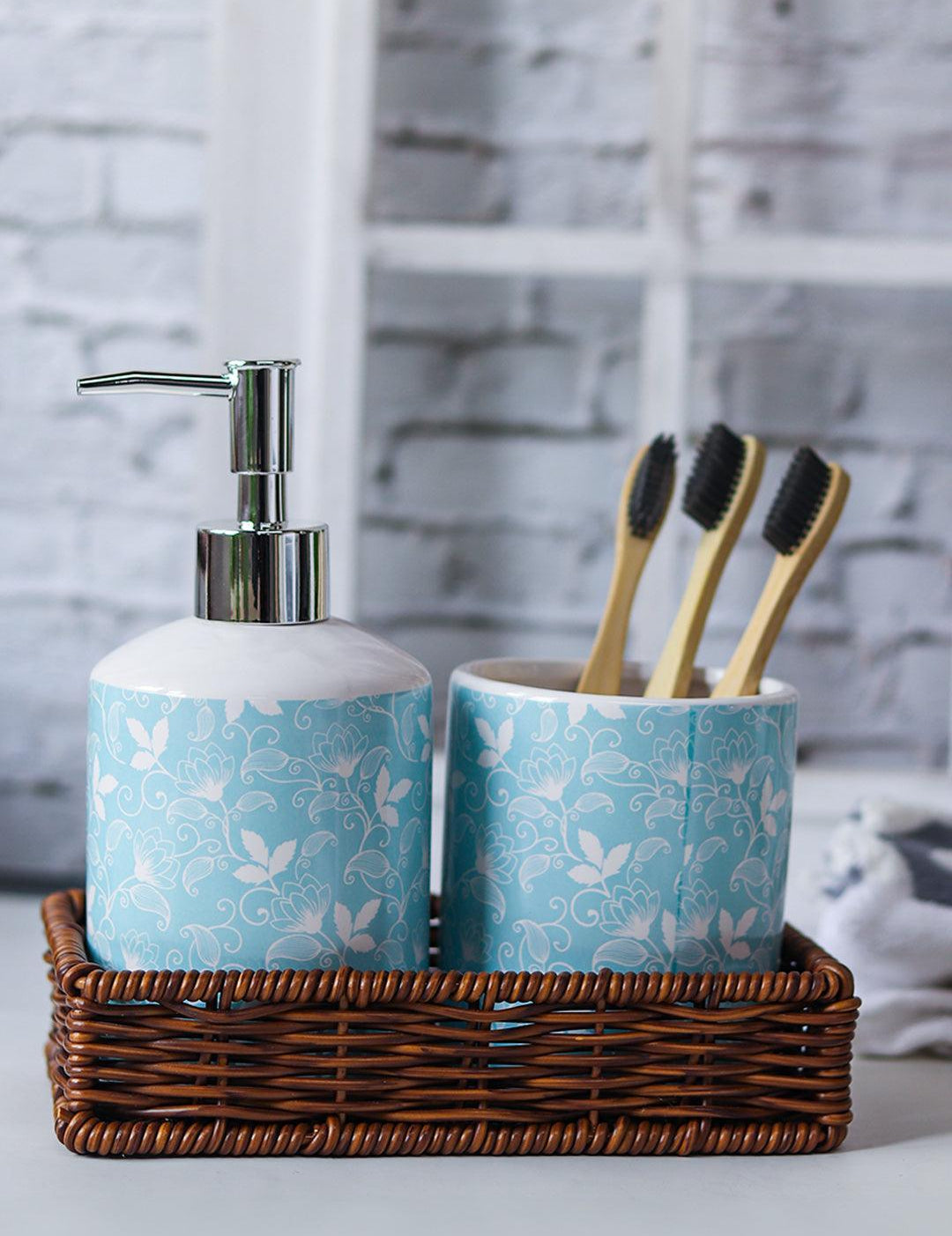 Ceramic Bathroom Set Of 3 - Floral Finish, Cyan Color - MARKET 99