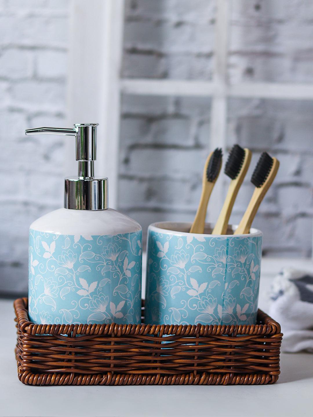 Ceramic Bathroom Set Of 3 - Floral Finish, Cyan Color - MARKET 99
