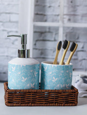 Ceramic Bathroom Set Of 3 - Floral Finish, Cyan Color - MARKET 99