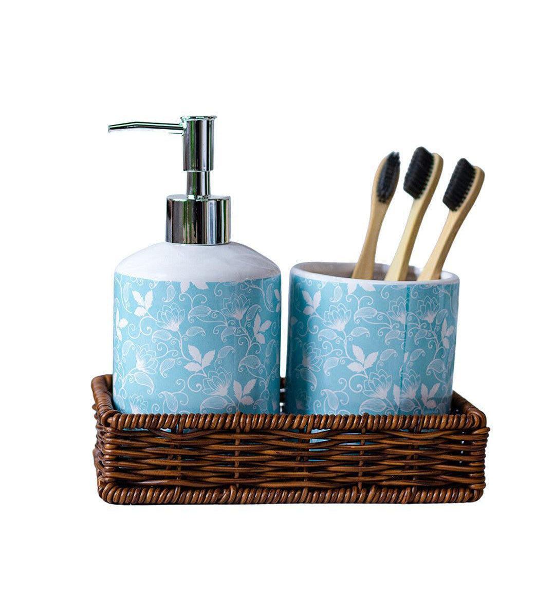 Ceramic Bathroom Set Of 3 - Floral Finish, Cyan Color - MARKET 99