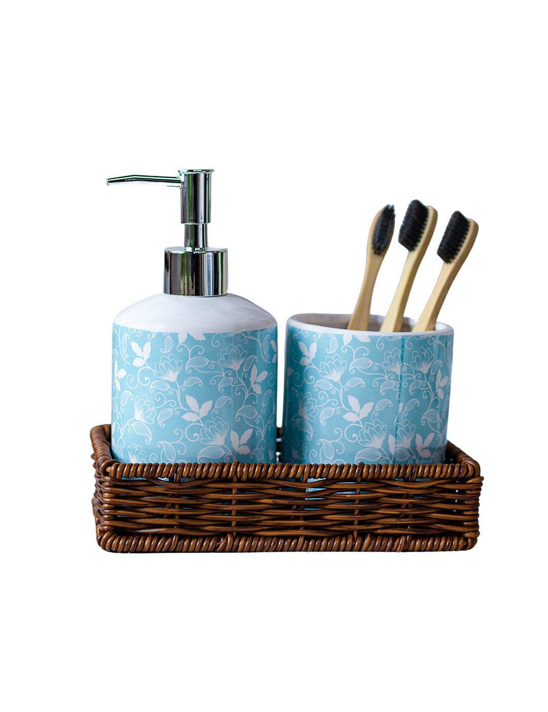 Ceramic Bathroom Set Of 3 - Floral Finish, Cyan Color - MARKET 99