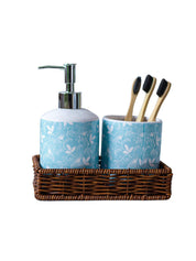 Ceramic Bathroom Set Of 3 - Floral Finish, Cyan Color - MARKET 99