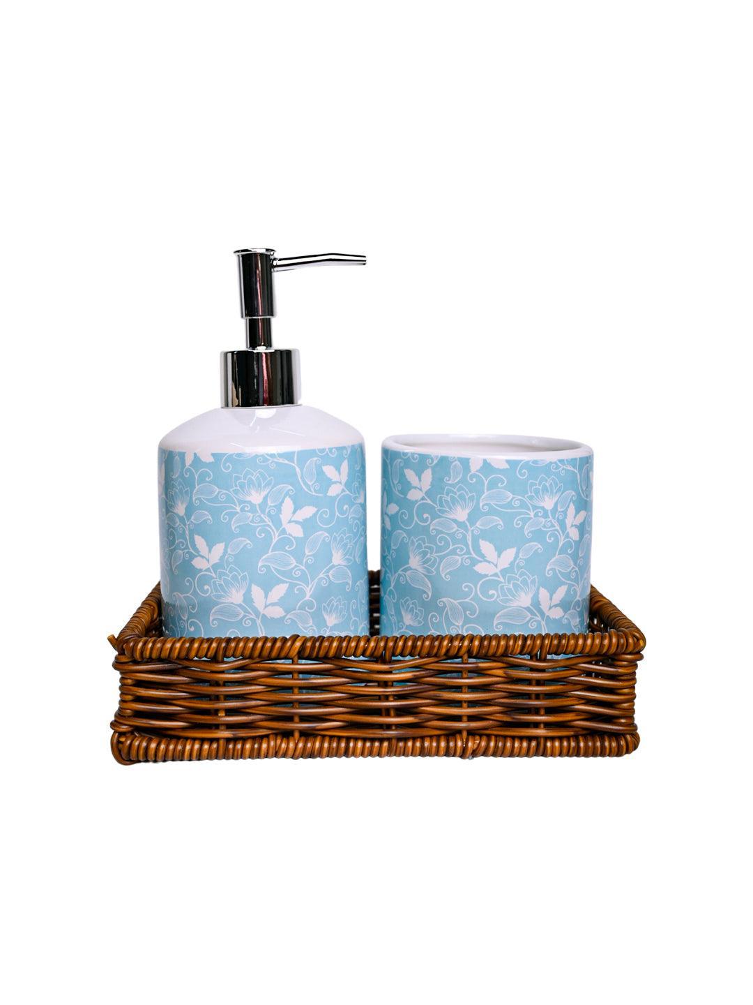 Ceramic Bathroom Set Of 3 - Floral Finish, Cyan Color - MARKET 99