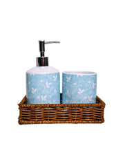 Ceramic Bathroom Set Of 3 - Floral Finish, Cyan Color - MARKET 99