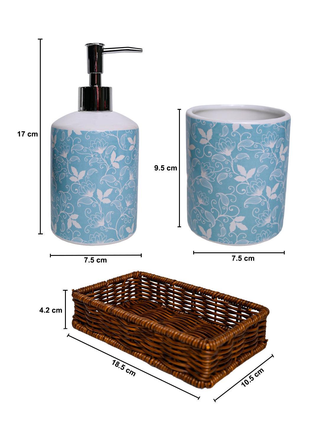 Ceramic Bathroom Set Of 3 - Floral Finish, Cyan Color - MARKET 99