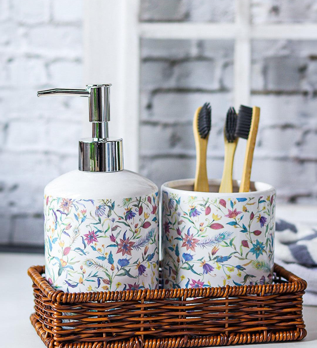 Ceramic Bathroom Set Of 3 - Floral Finish, Ivory Color - MARKET 99