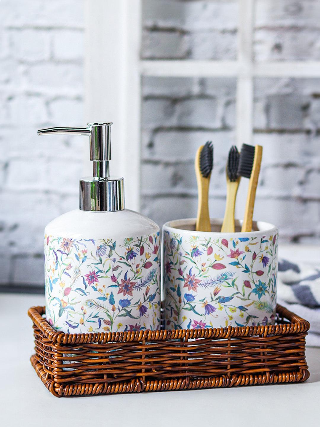 Ceramic Bathroom Set Of 3 - Floral Finish, Ivory Color - MARKET 99
