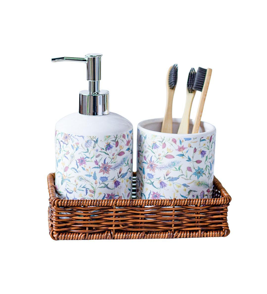 Ceramic Bathroom Set Of 3 - Floral Finish, Ivory Color - MARKET 99