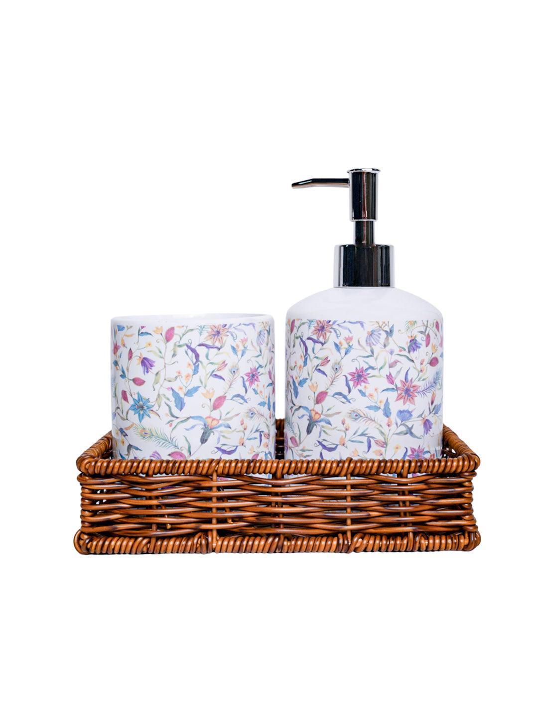 Ceramic Bathroom Set Of 3 - Floral Finish, Ivory Color - MARKET 99