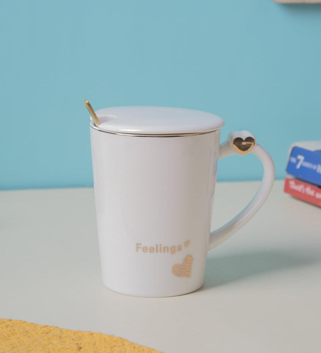 Ceramic Coffee Mug With Lid - 380Ml, Mixing Spoon