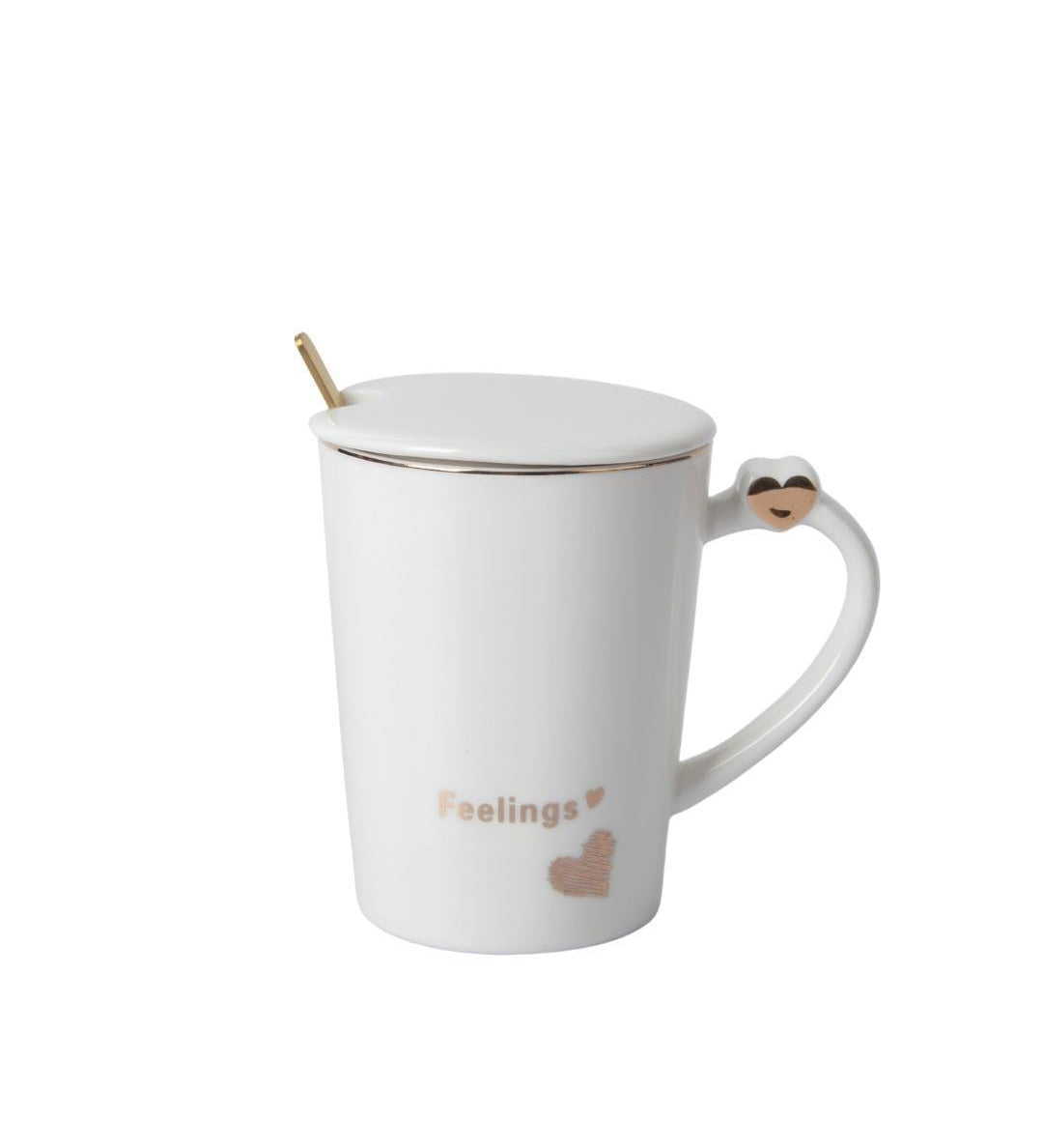 Ceramic Coffee Mug With Lid - 380Ml, Mixing Spoon