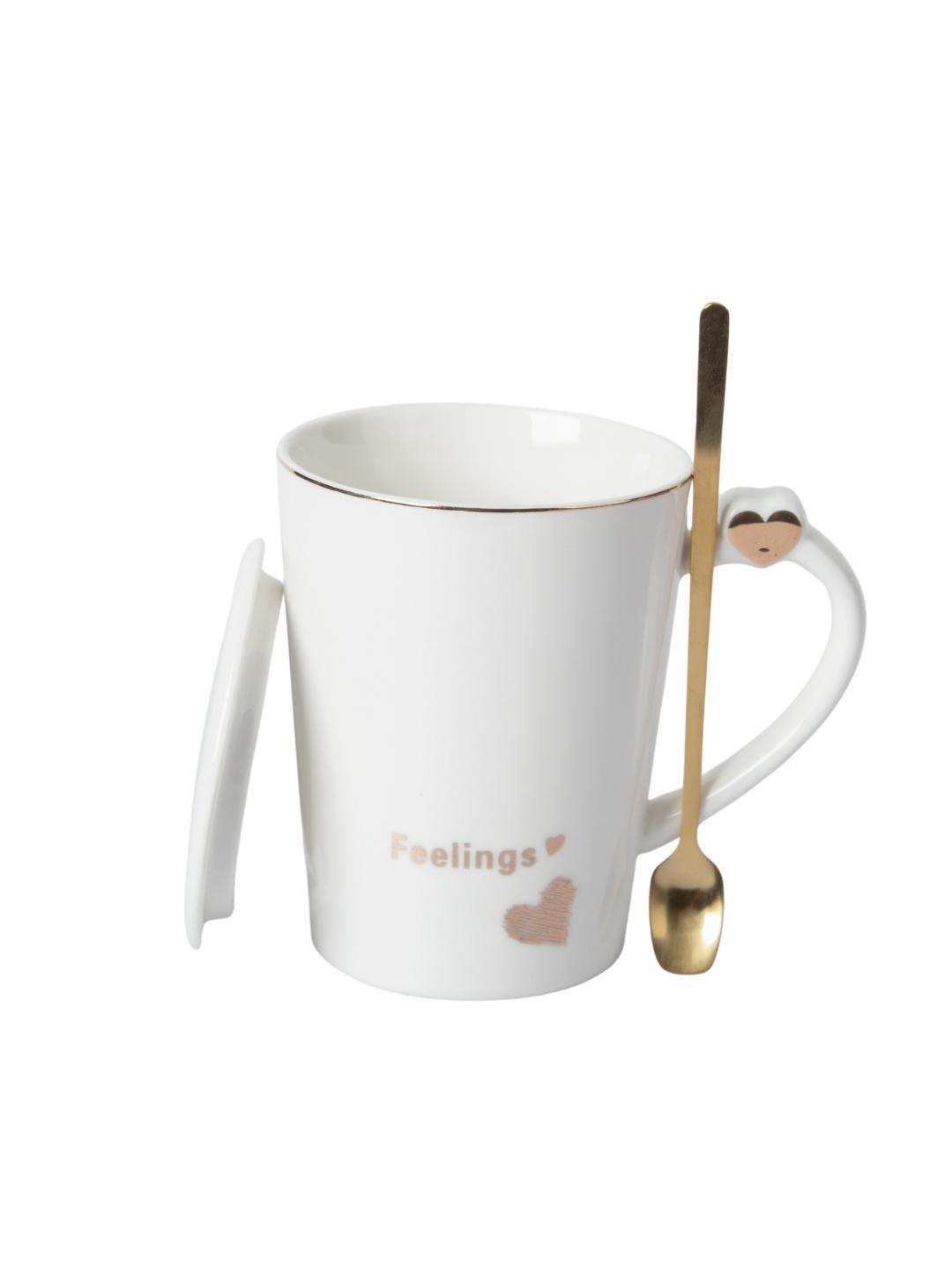Ceramic Coffee Mug With Lid - 380Ml, Mixing Spoon